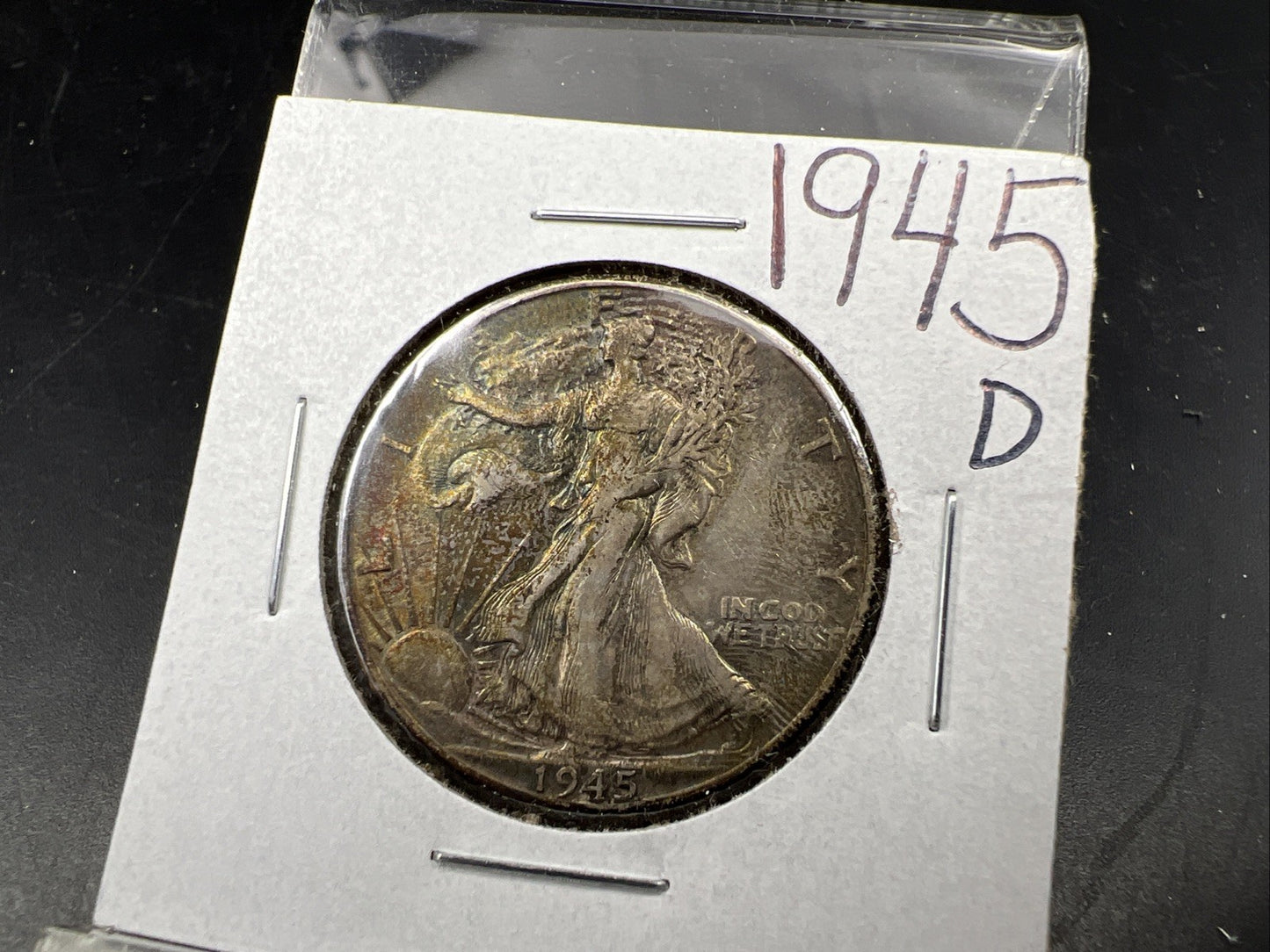 1945 d 50C Walking Liberty Silver Half Dollar Coin VF Nice Original Toning