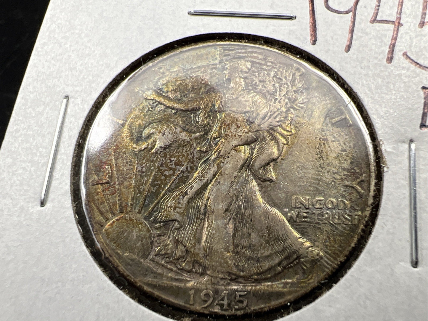 1945 d 50C Walking Liberty Silver Half Dollar Coin VF Nice Original Toning