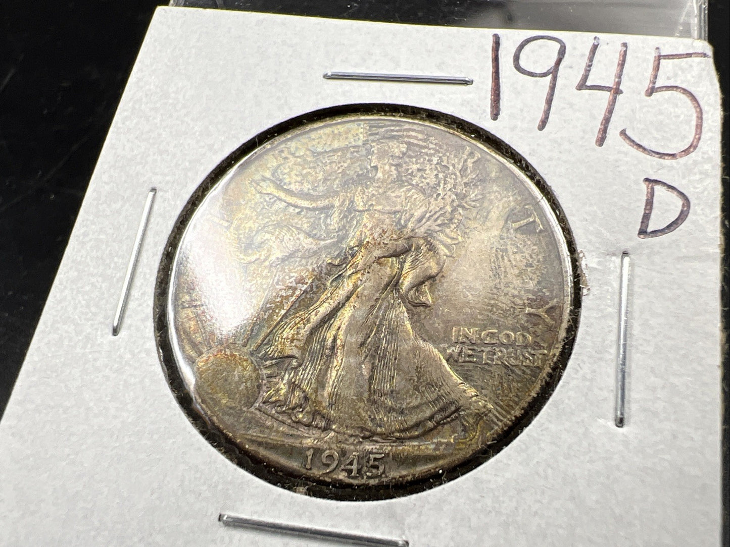 1945 d 50C Walking Liberty Silver Half Dollar Coin VF Nice Original Toning