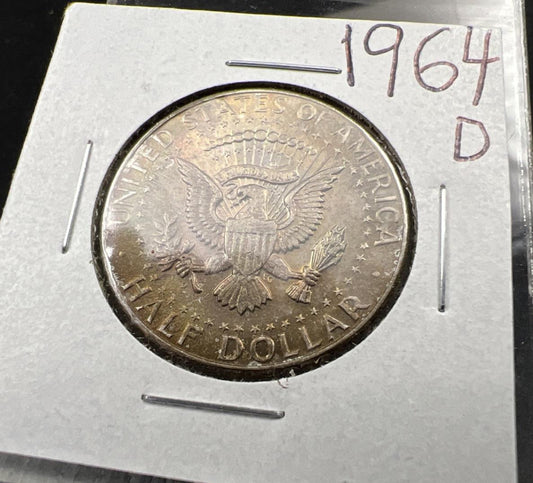 1964 D 50c Kennedy Silver Half Dollar Coin Choice AU / UNC Amber Toning SKU#J