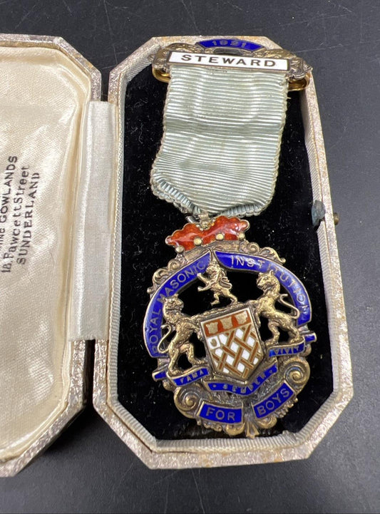 Antique Royal Masonic Institution For Boys Steward Medal Pendant w/ Ribbon