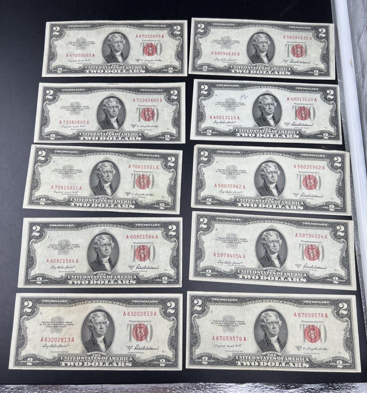 Lot of 10 1953 $2 USN Legal Tender Red Seal Notes VF + Very Fine #813