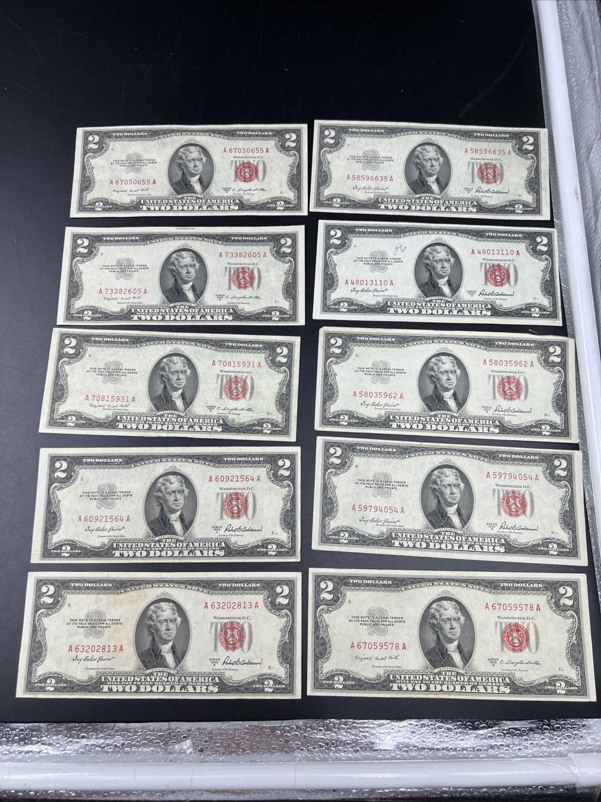 Lot of 10 1953 $2 USN Legal Tender Red Seal Notes VF + Very Fine #813