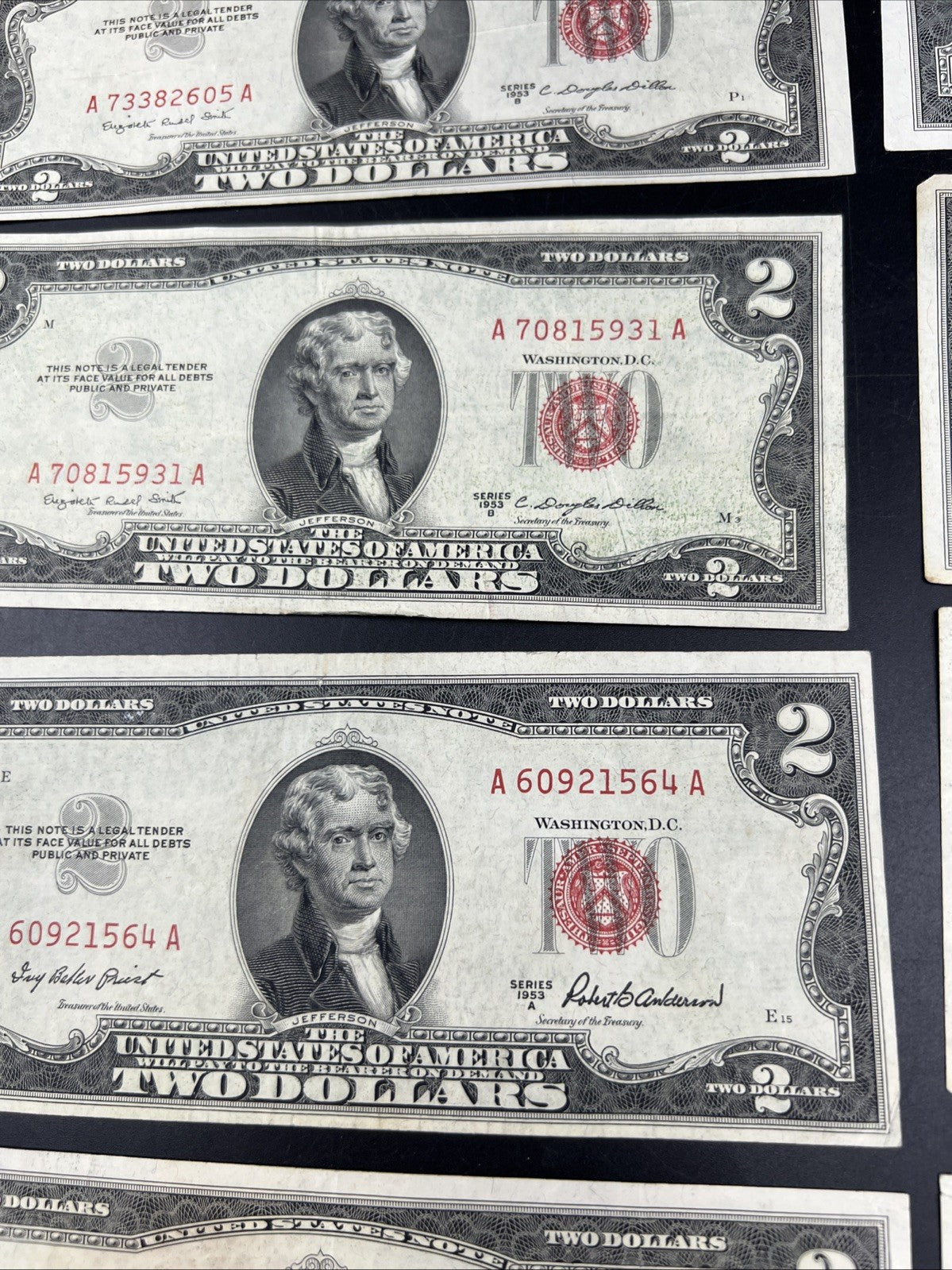 Lot of 10 1953 $2 USN Legal Tender Red Seal Notes VF + Very Fine #813