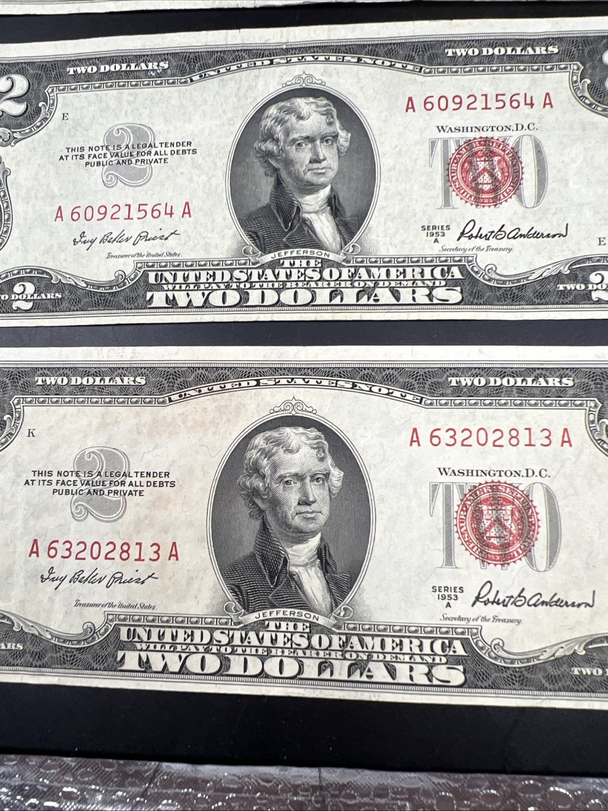 Lot of 10 1953 $2 USN Legal Tender Red Seal Notes VF + Very Fine #813
