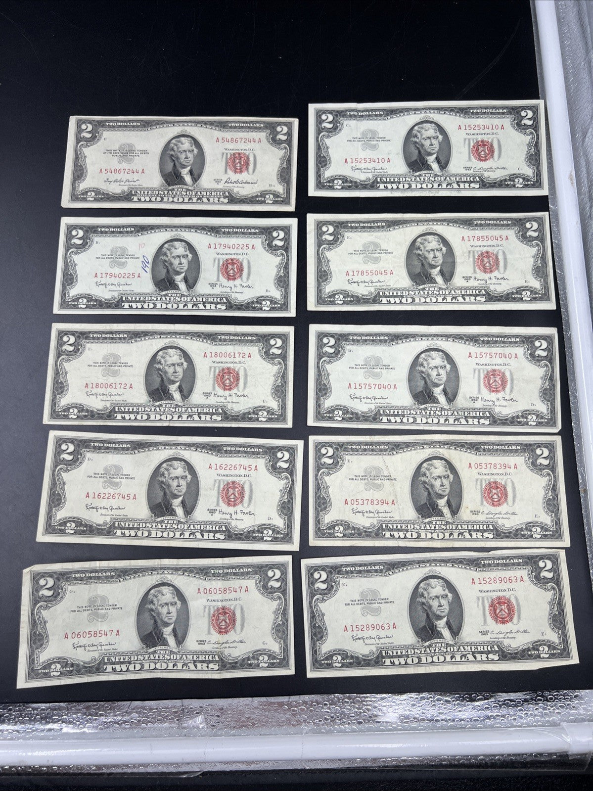 Lot of 10 1963 1953 $2 USN Legal Tender Red Seal Notes VF Very Fine #547