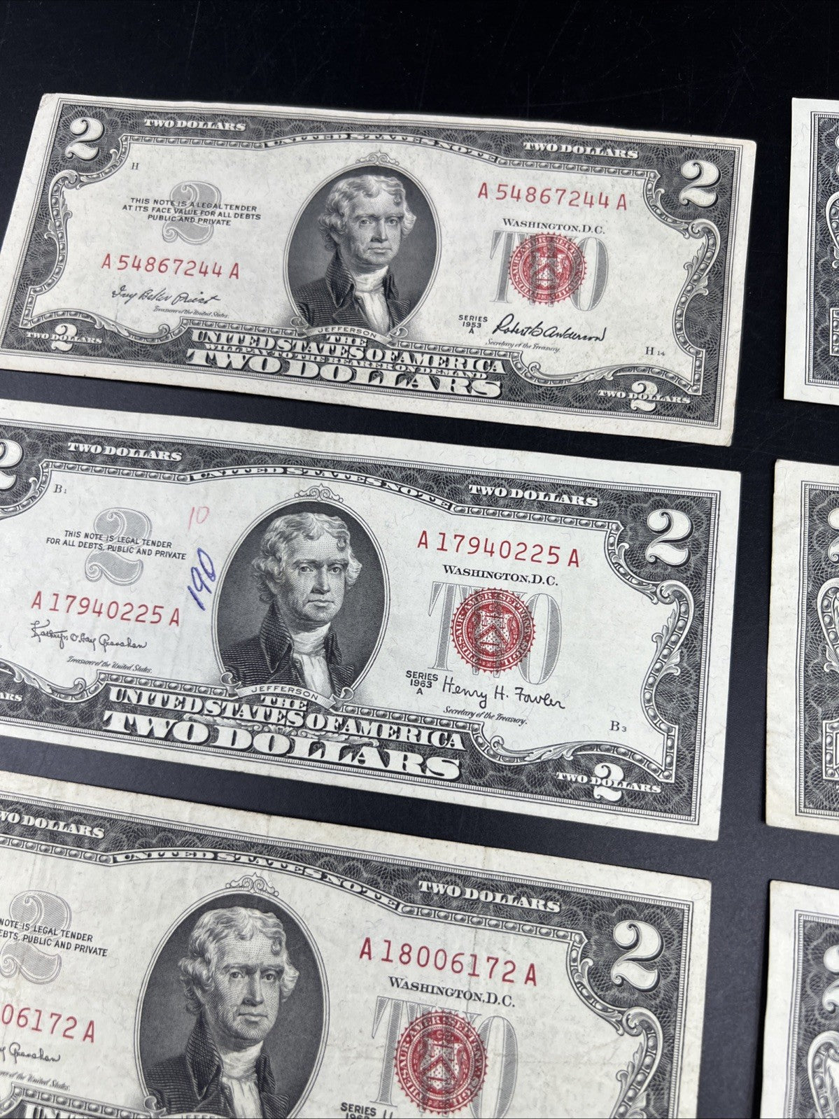 Lot of 10 1963 1953 $2 USN Legal Tender Red Seal Notes VF Very Fine #547