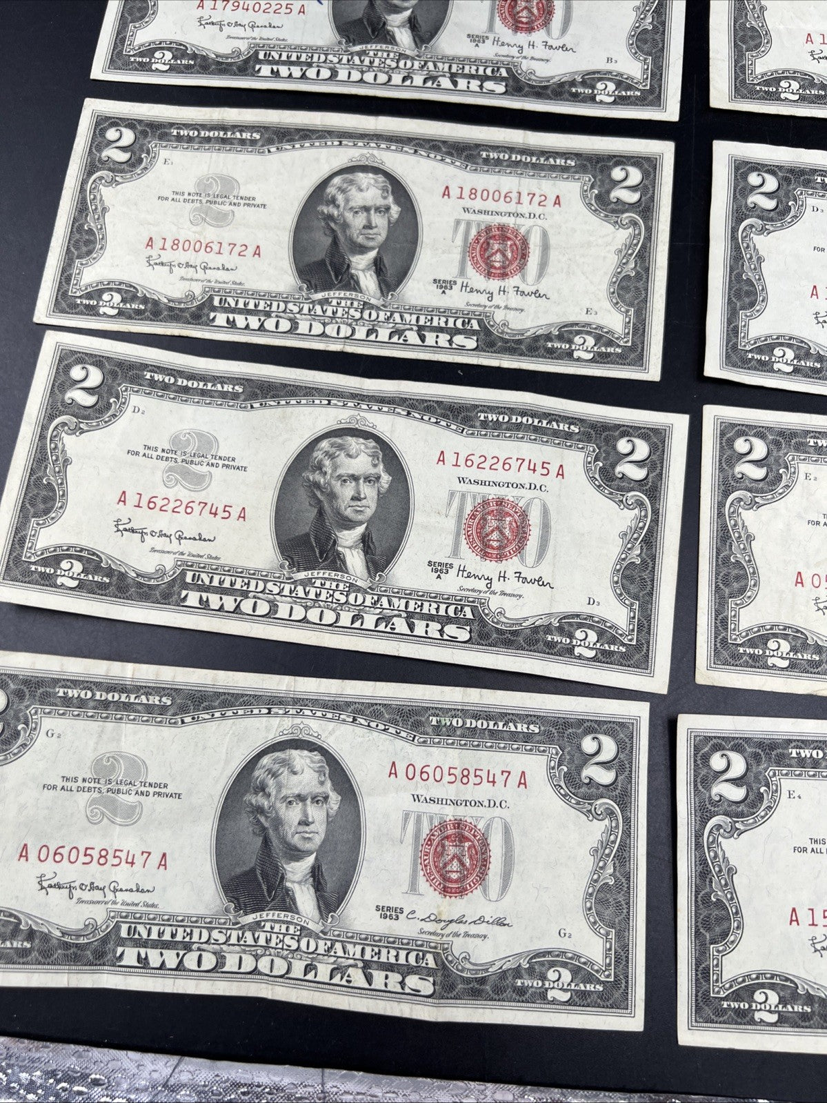 Lot of 10 1963 1953 $2 USN Legal Tender Red Seal Notes VF Very Fine #547