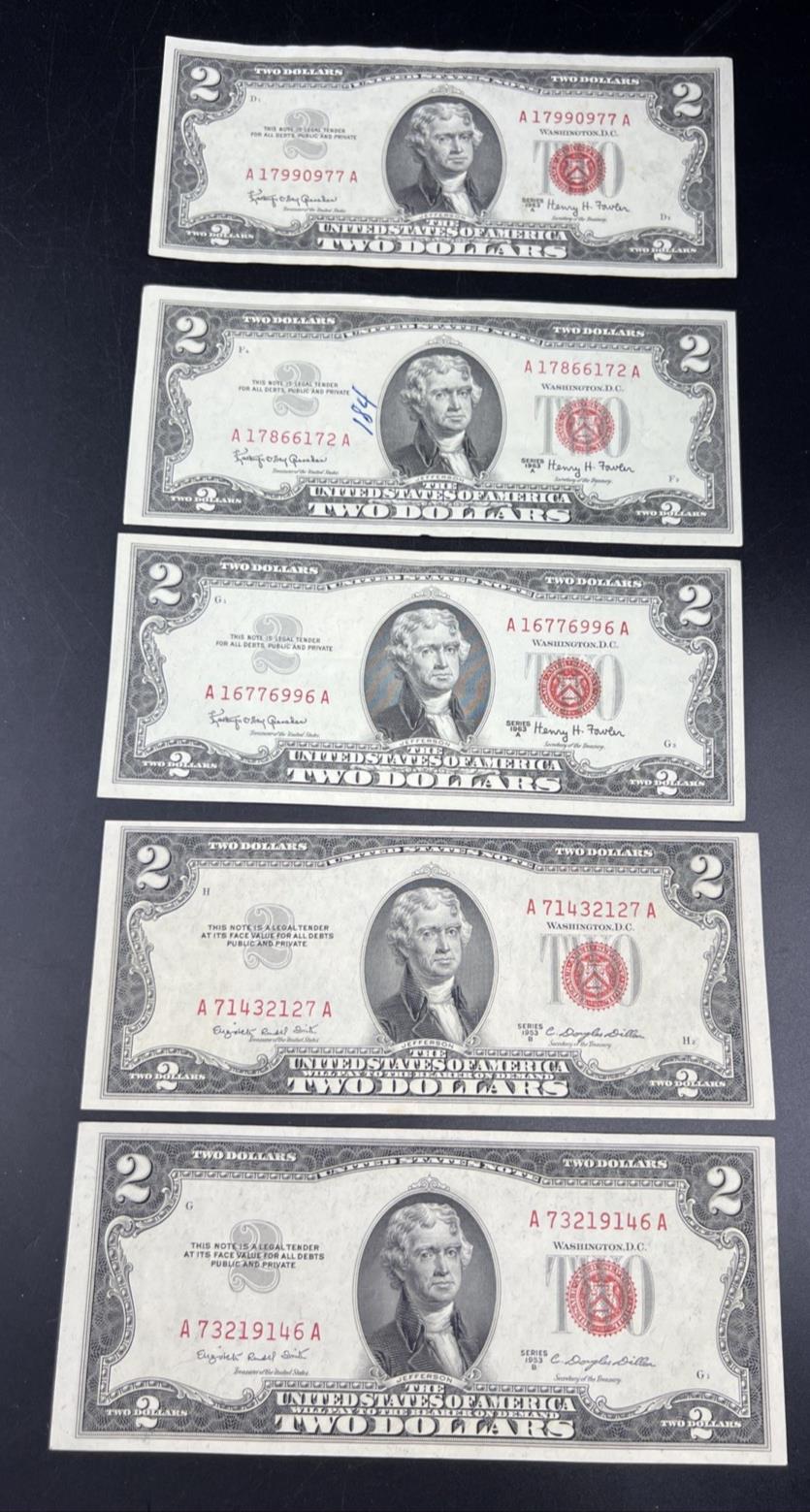 Lot of 5 1963 1953 $2 USN Legal Tender Red Seal Notes XF / AU Conditions #146