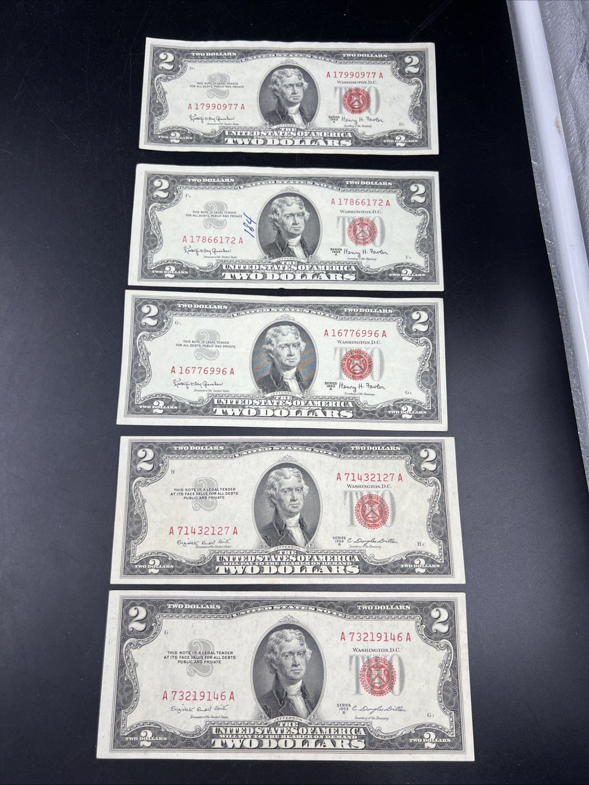 Lot of 5 1963 1953 $2 USN Legal Tender Red Seal Notes XF / AU Conditions #146