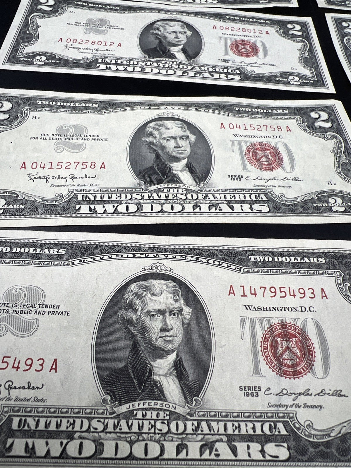 Lot of 10 1963 $2 USN Legal Tender Red Seal Notes VF + Very Fine #493