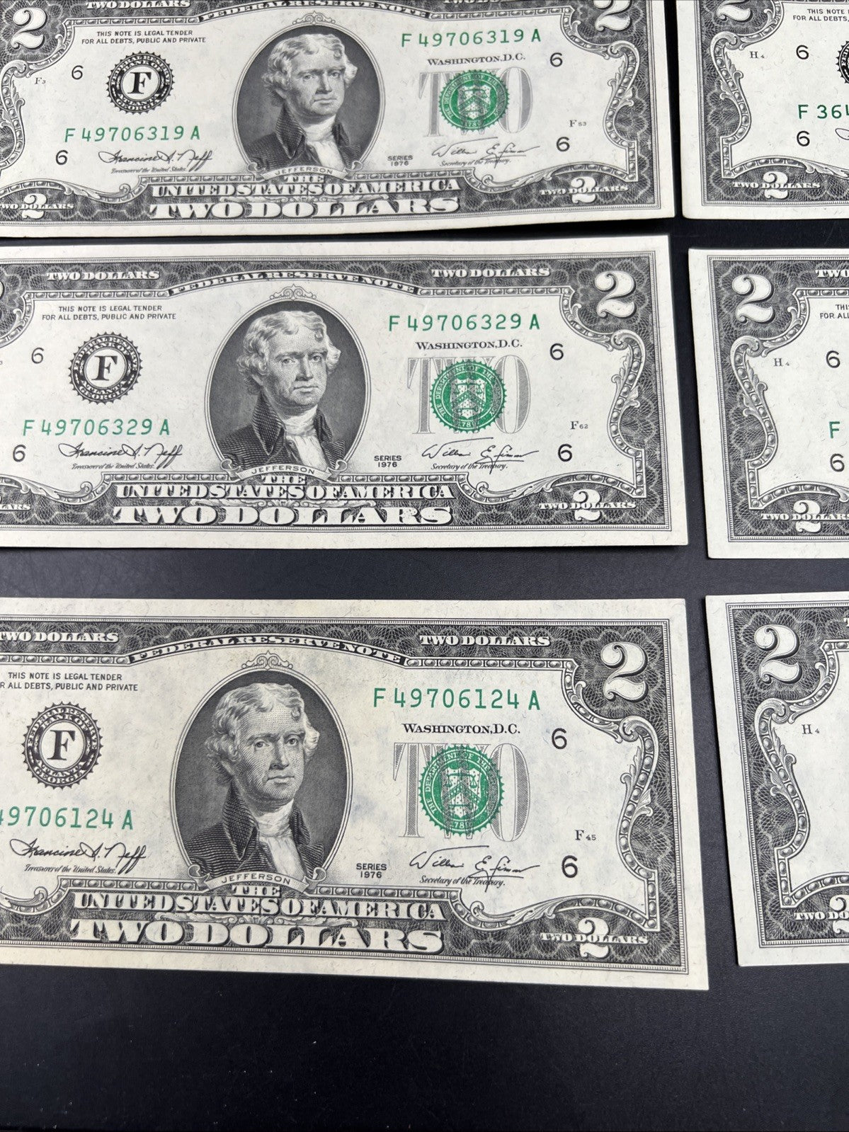 Lot of 10 1976 $2 FRN Federal Reserve Dollars Bicentennial Note XF / AU #124
