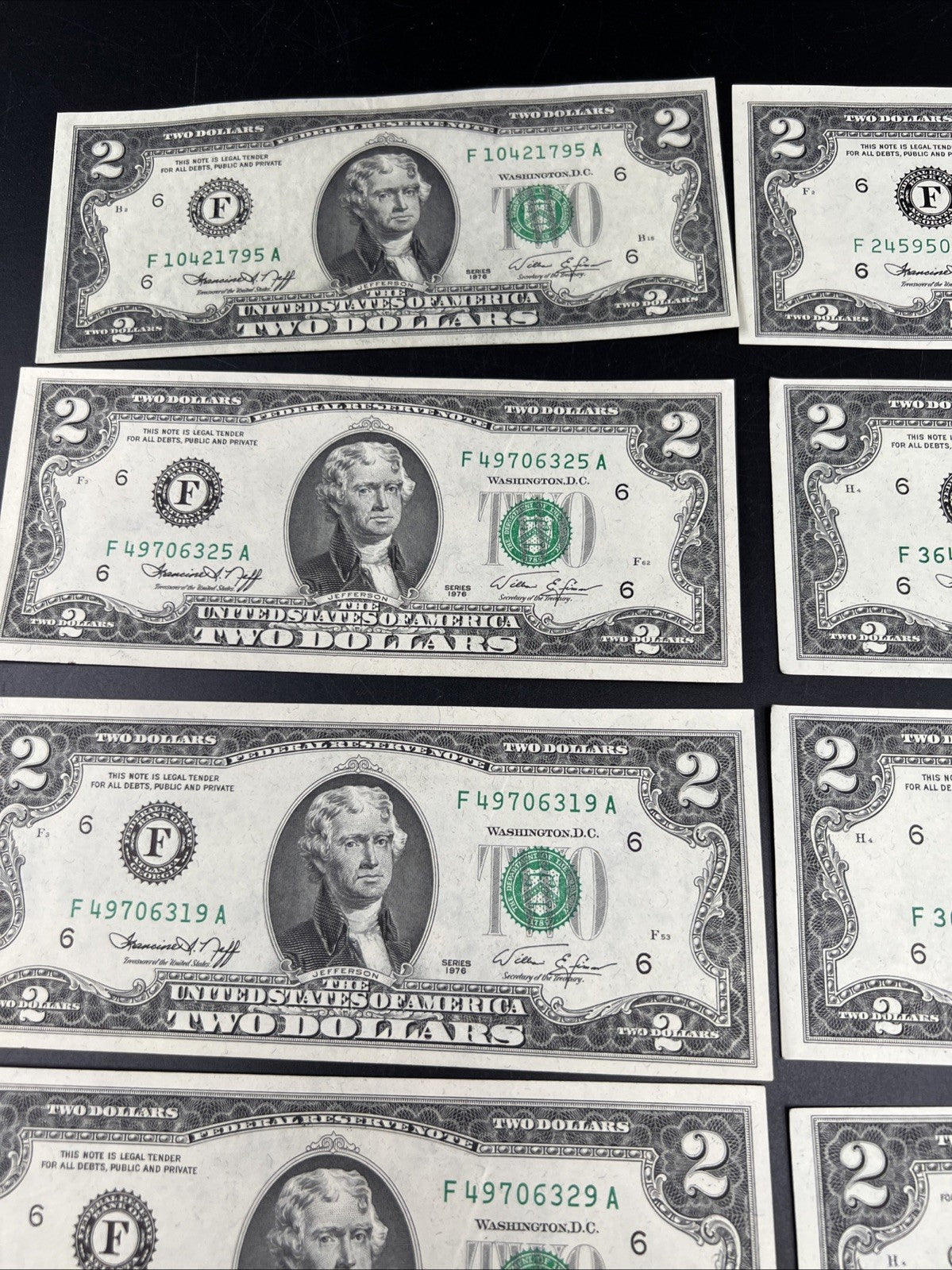 Lot of 10 1976 $2 FRN Federal Reserve Dollars Bicentennial Note XF / AU #124