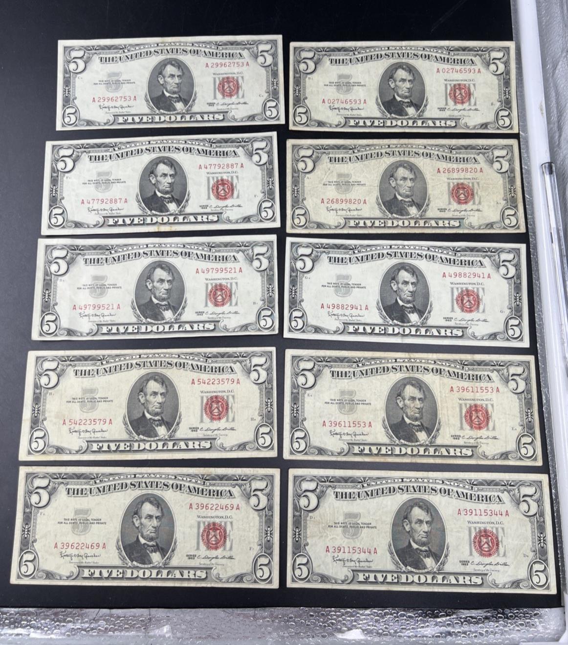 Lot of 10 1963 $5 Legal Tender United States Notes Red Seals VG / Fine #469