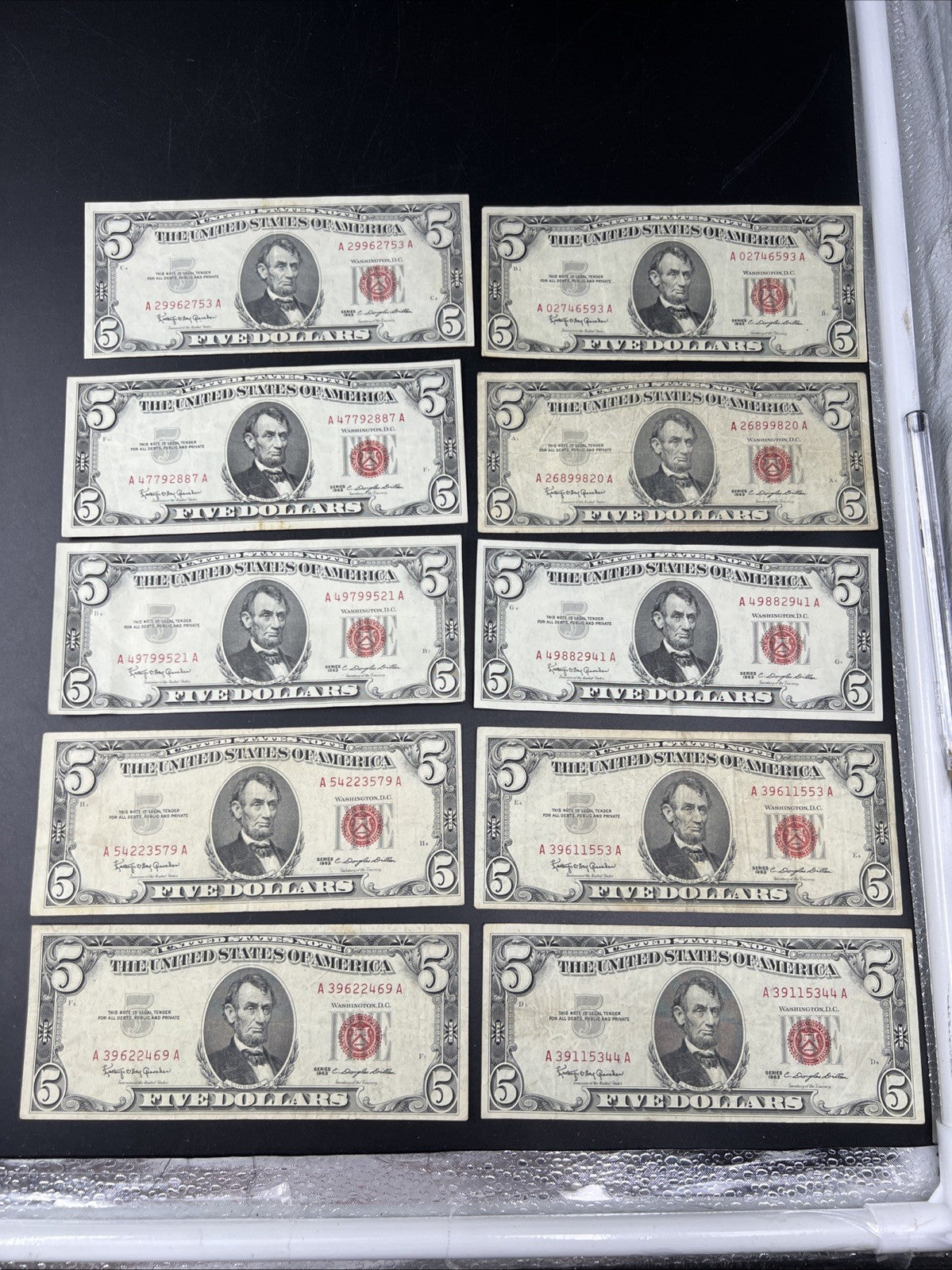 Lot of 10 1963 $5 Legal Tender United States Notes Red Seals VG / Fine #469
