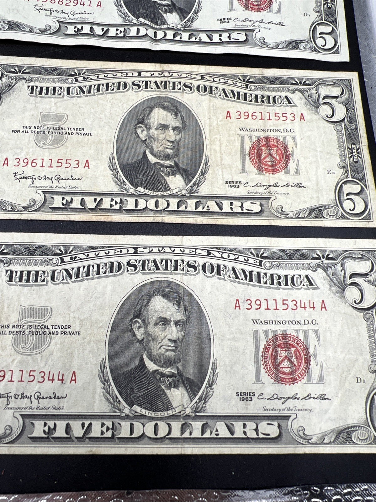 Lot of 10 1963 $5 Legal Tender United States Notes Red Seals VG / Fine #469