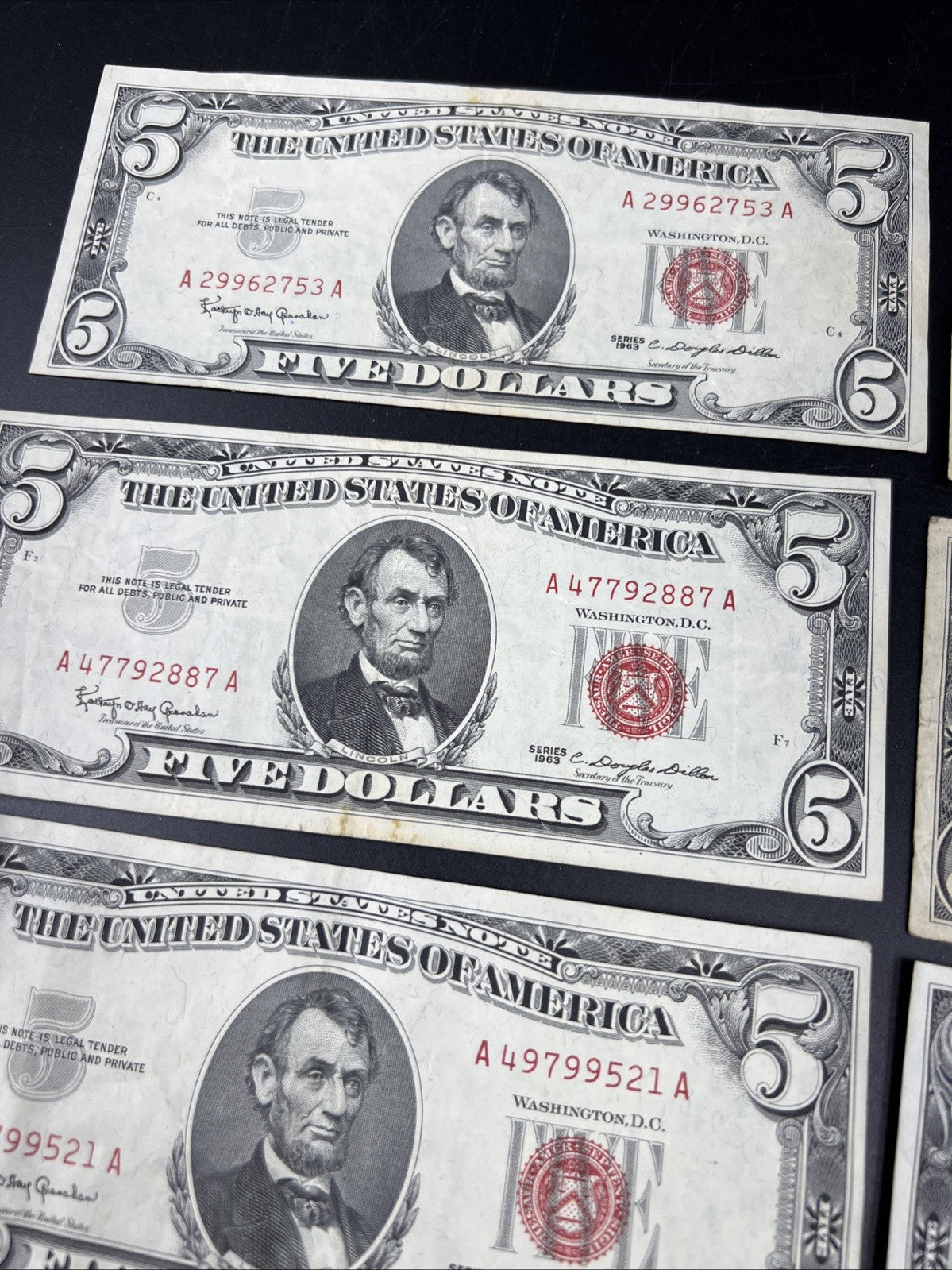 Lot of 10 1963 $5 Legal Tender United States Notes Red Seals VG / Fine #469