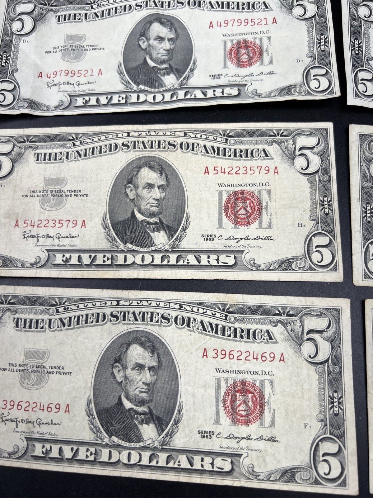 Lot of 10 1963 $5 Legal Tender United States Notes Red Seals VG / Fine #469