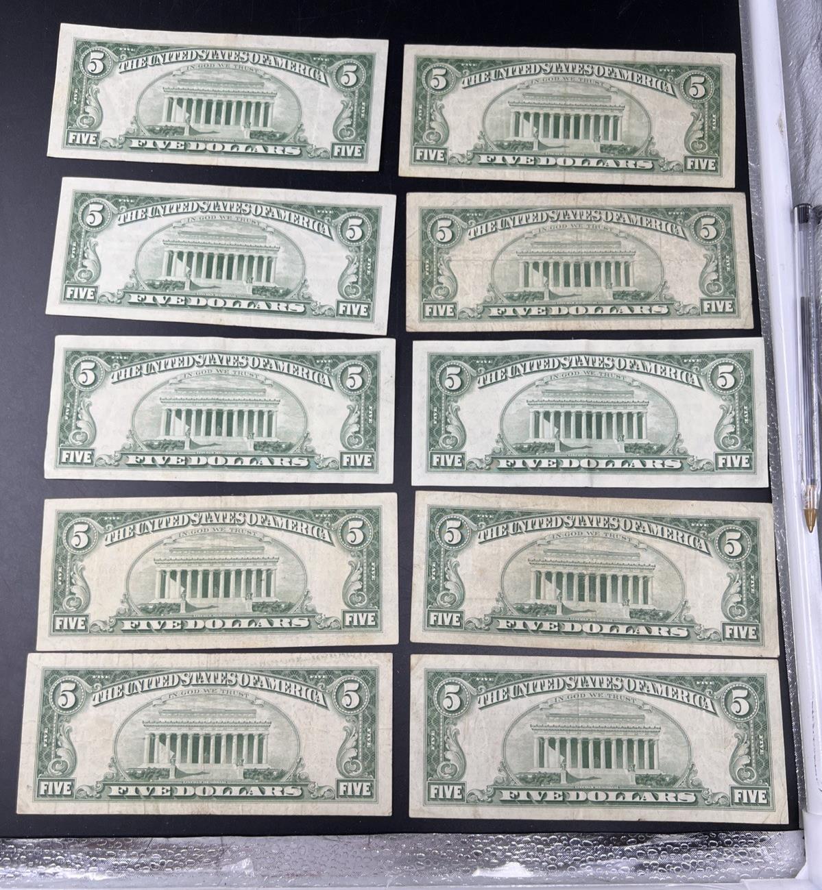 Lot of 10 1963 $5 Legal Tender United States Notes Red Seals VG / Fine #469