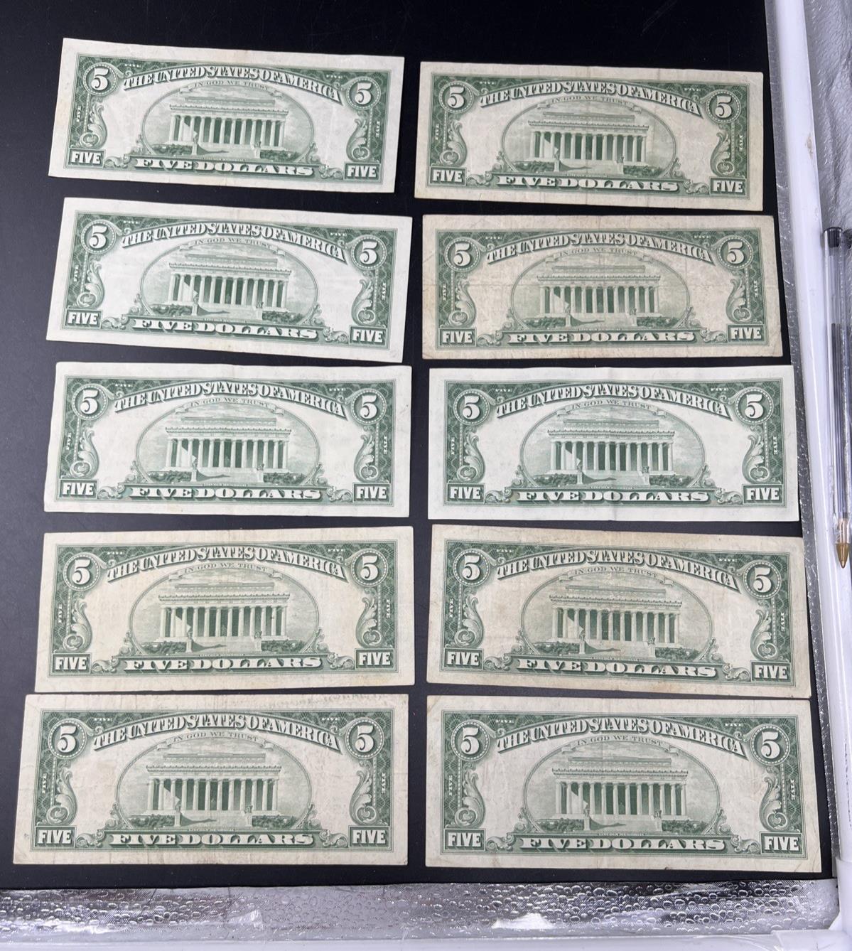 Lot of 10 1963 $5 Legal Tender United States Notes Red Seals VG / Fine #469
