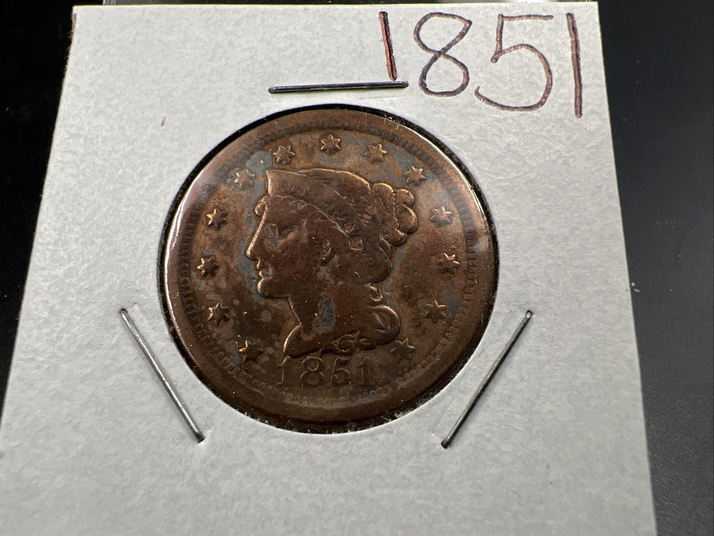 1851 1c Braided Hair Liberty Large Cent Coin VG Very Good / Fine Details Polishe