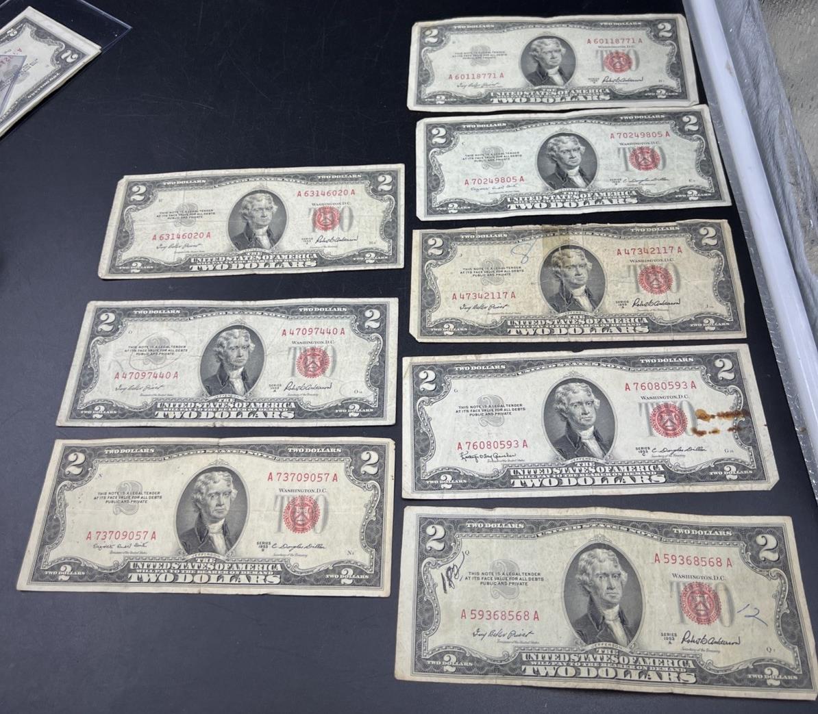 Lot of 7 1953 $2 USN Red Seal Legal Tender Notes Very Circulated #057