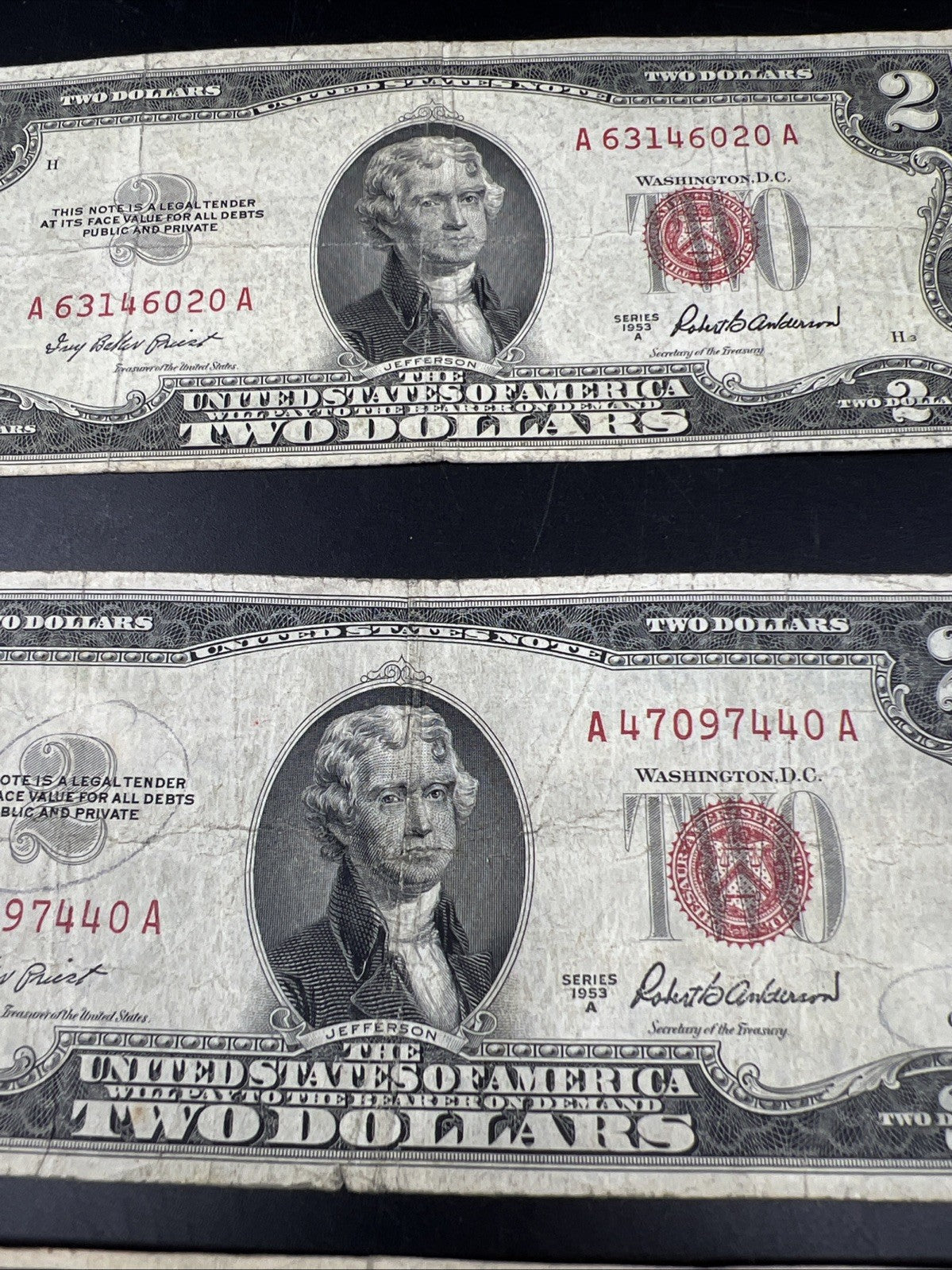 Lot of 7 1953 $2 USN Red Seal Legal Tender Notes Very Circulated #057
