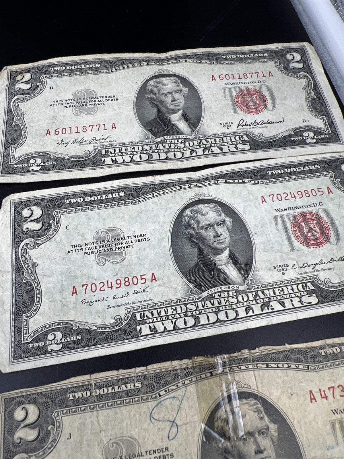 Lot of 7 1953 $2 USN Red Seal Legal Tender Notes Very Circulated #057