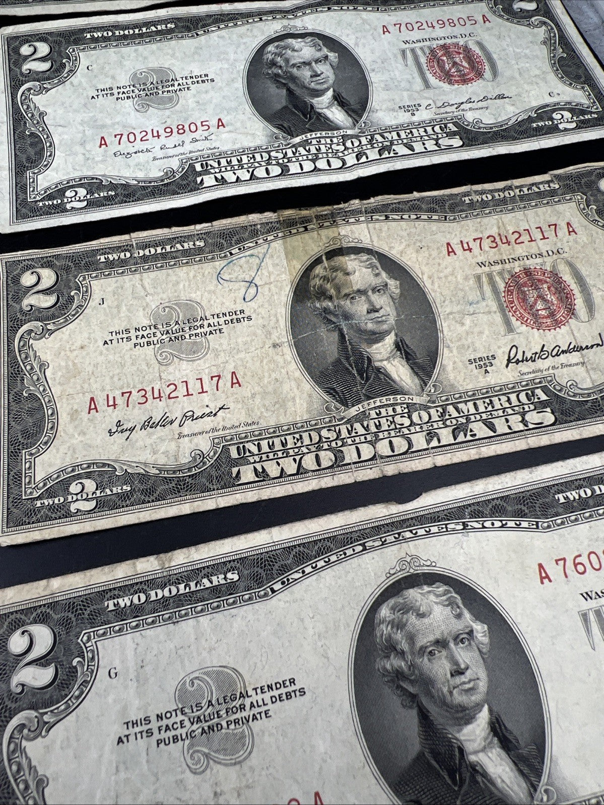 Lot of 7 1953 $2 USN Red Seal Legal Tender Notes Very Circulated #057