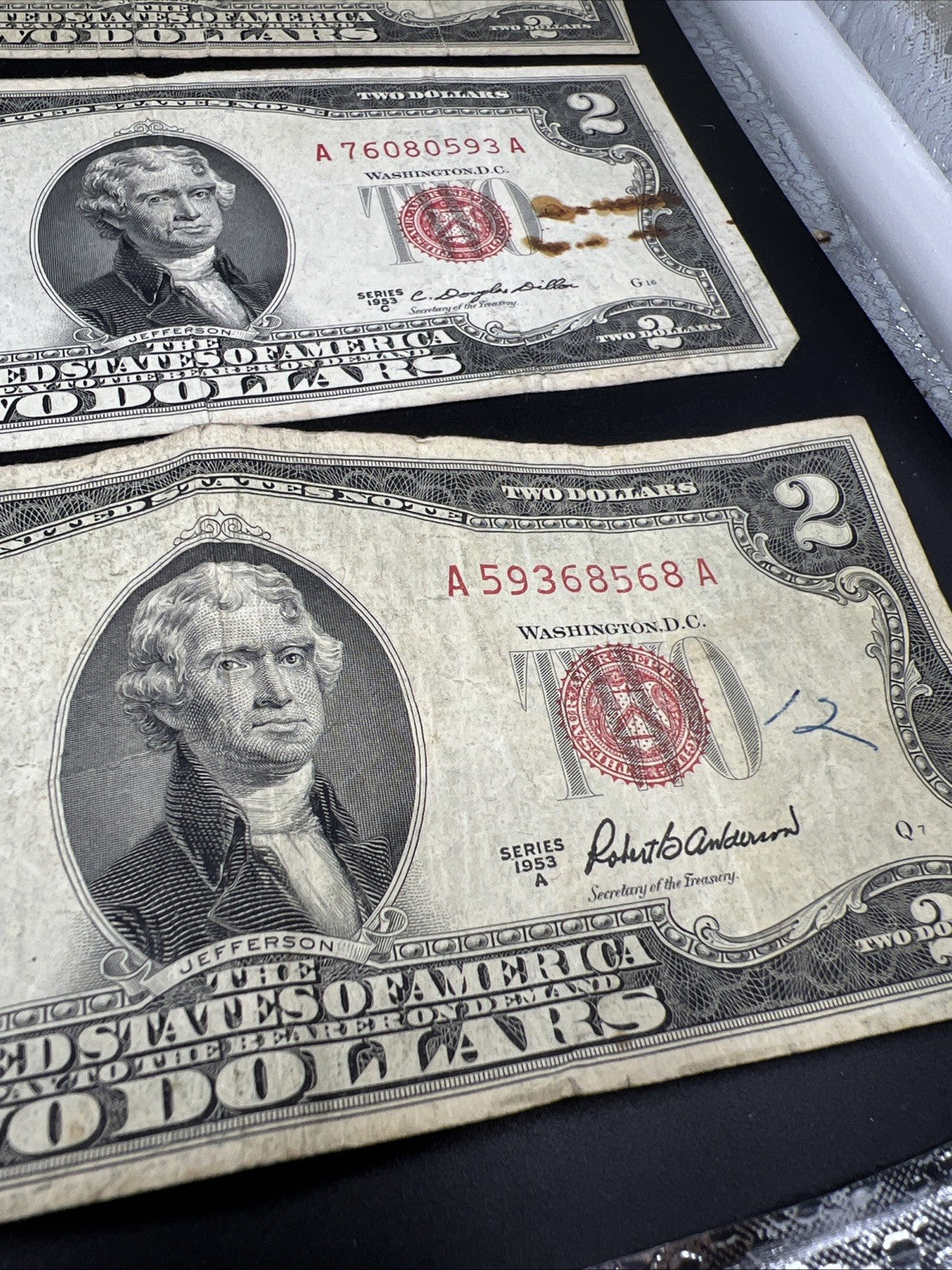 Lot of 7 1953 $2 USN Red Seal Legal Tender Notes Very Circulated #057