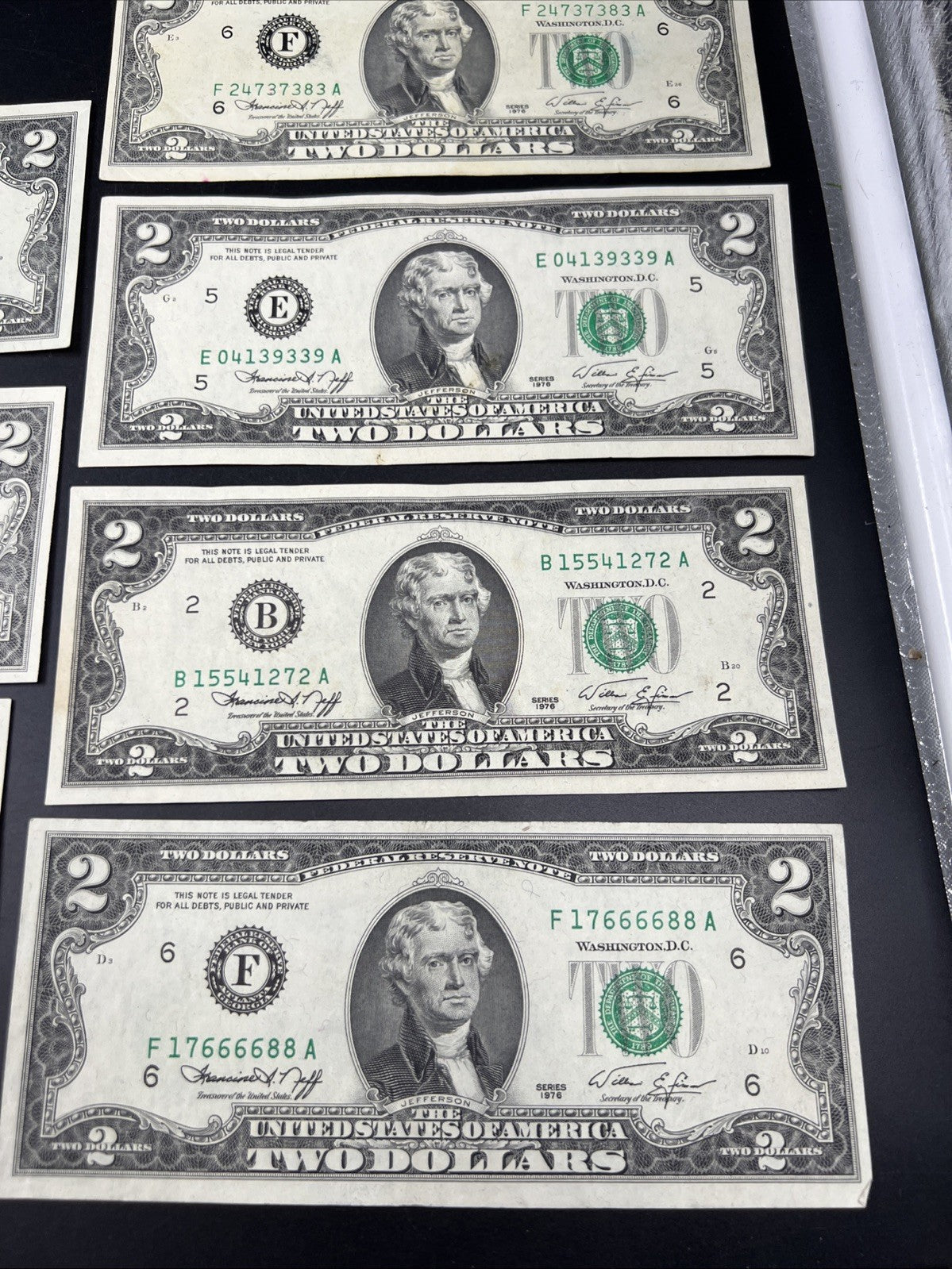 Lot of 7 1976 $2 FRN Federal Reserve Dollars Bicentennial Note XF / AU #757