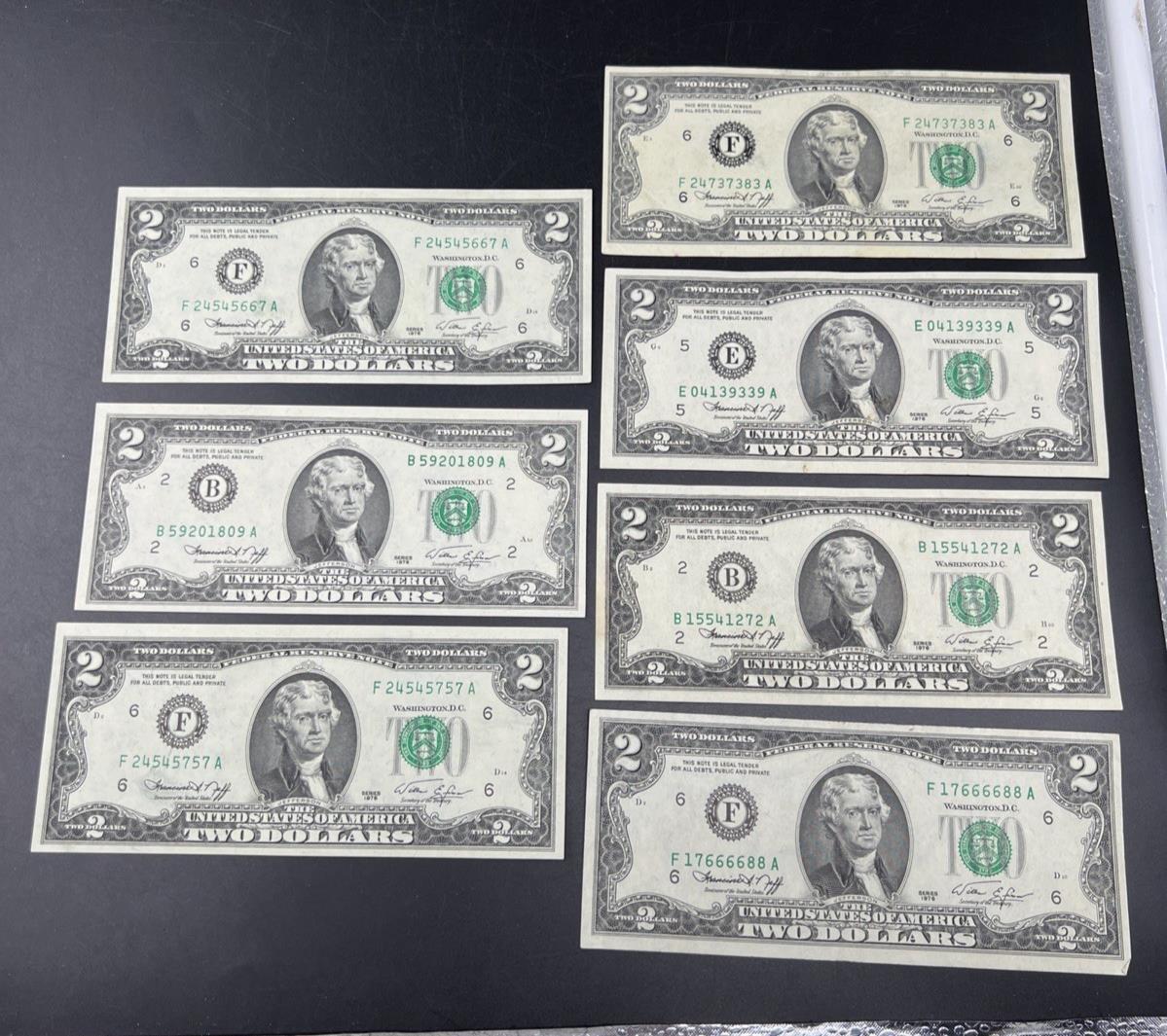 Lot of 7 1976 $2 FRN Federal Reserve Dollars Bicentennial Note XF / AU #757