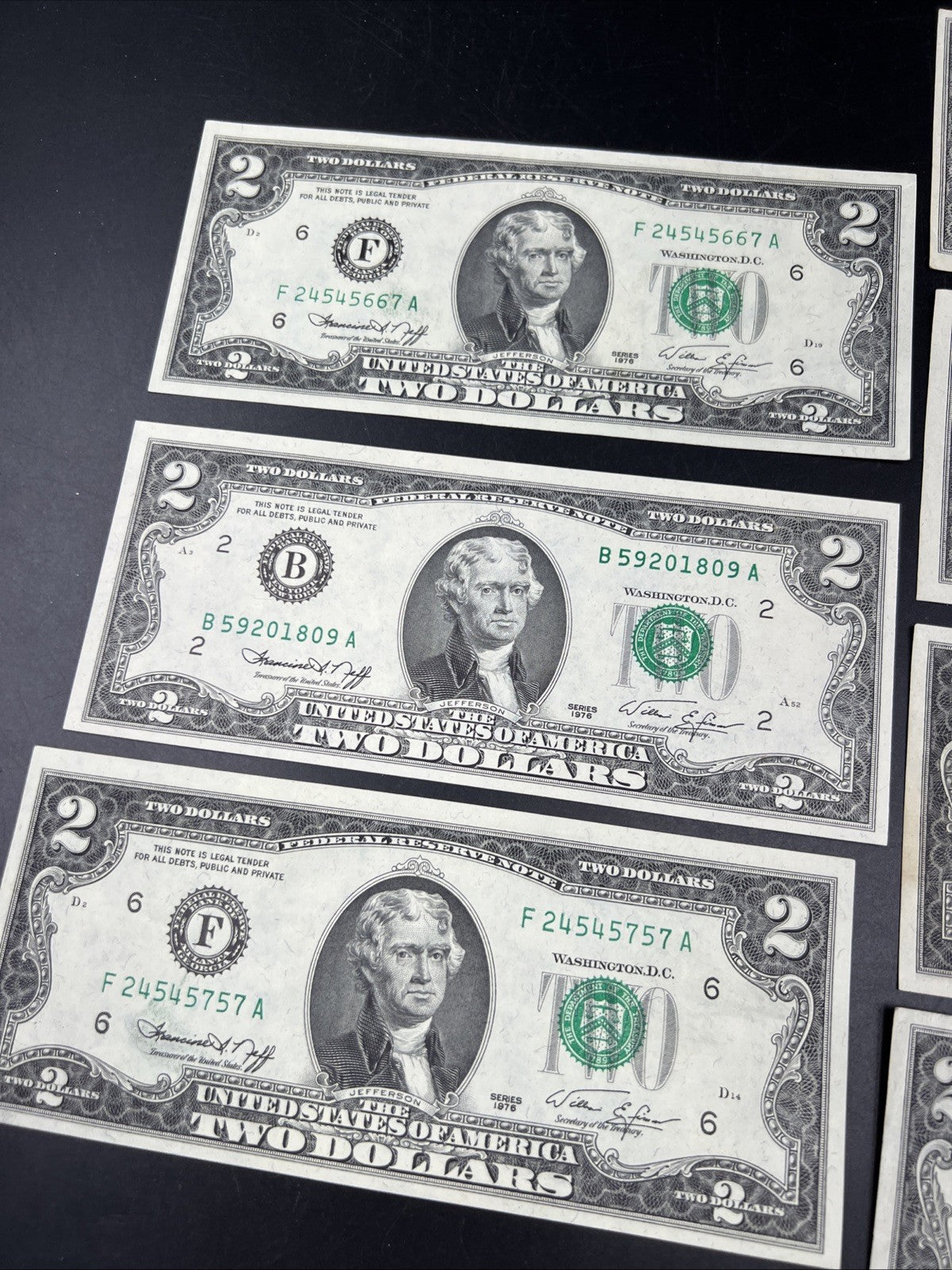 Lot of 7 1976 $2 FRN Federal Reserve Dollars Bicentennial Note XF / AU #757