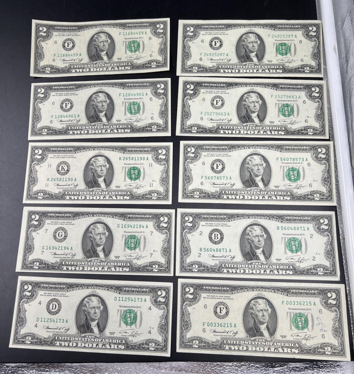 Lot of 10 1976 $2 FRN Federal Reserve Dollars Bicentennial Note XF / AU #173