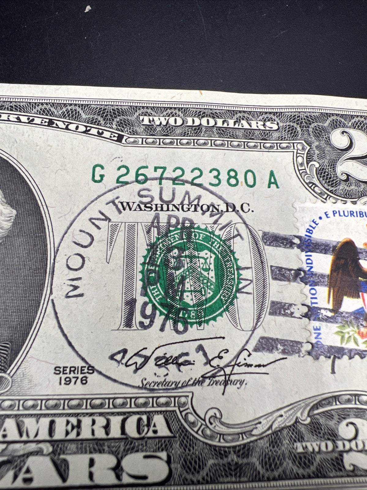 1976 $2 Postal Two Dollar Bicentennial Federal Reserve Note Mount Summit IN UNC