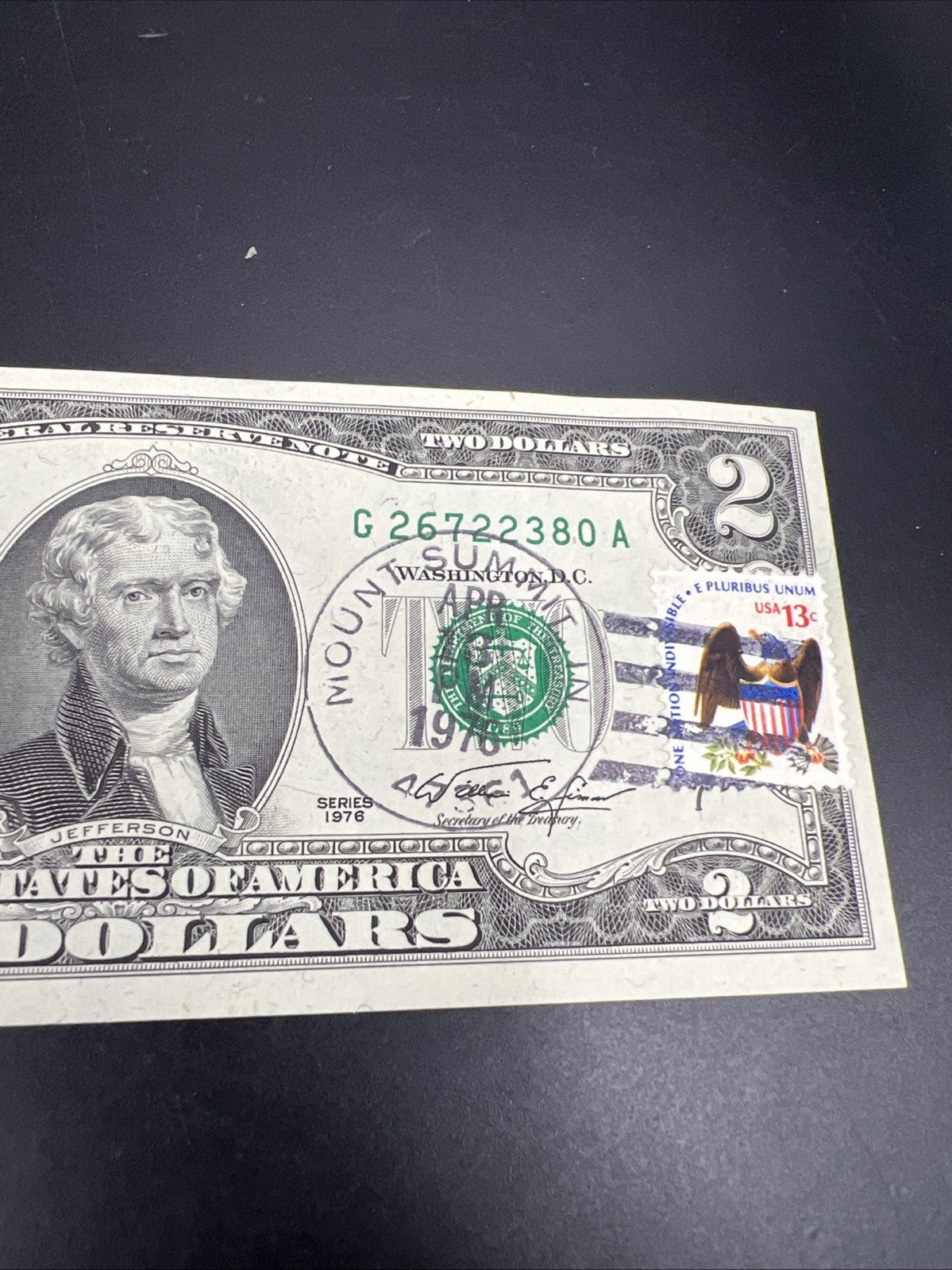 1976 $2 Postal Two Dollar Bicentennial Federal Reserve Note Mount Summit IN UNC