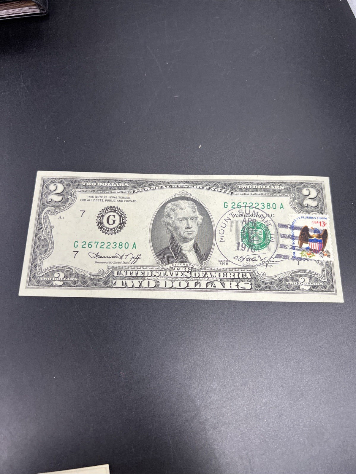 1976 $2 Postal Two Dollar Bicentennial Federal Reserve Note Mount Summit IN UNC