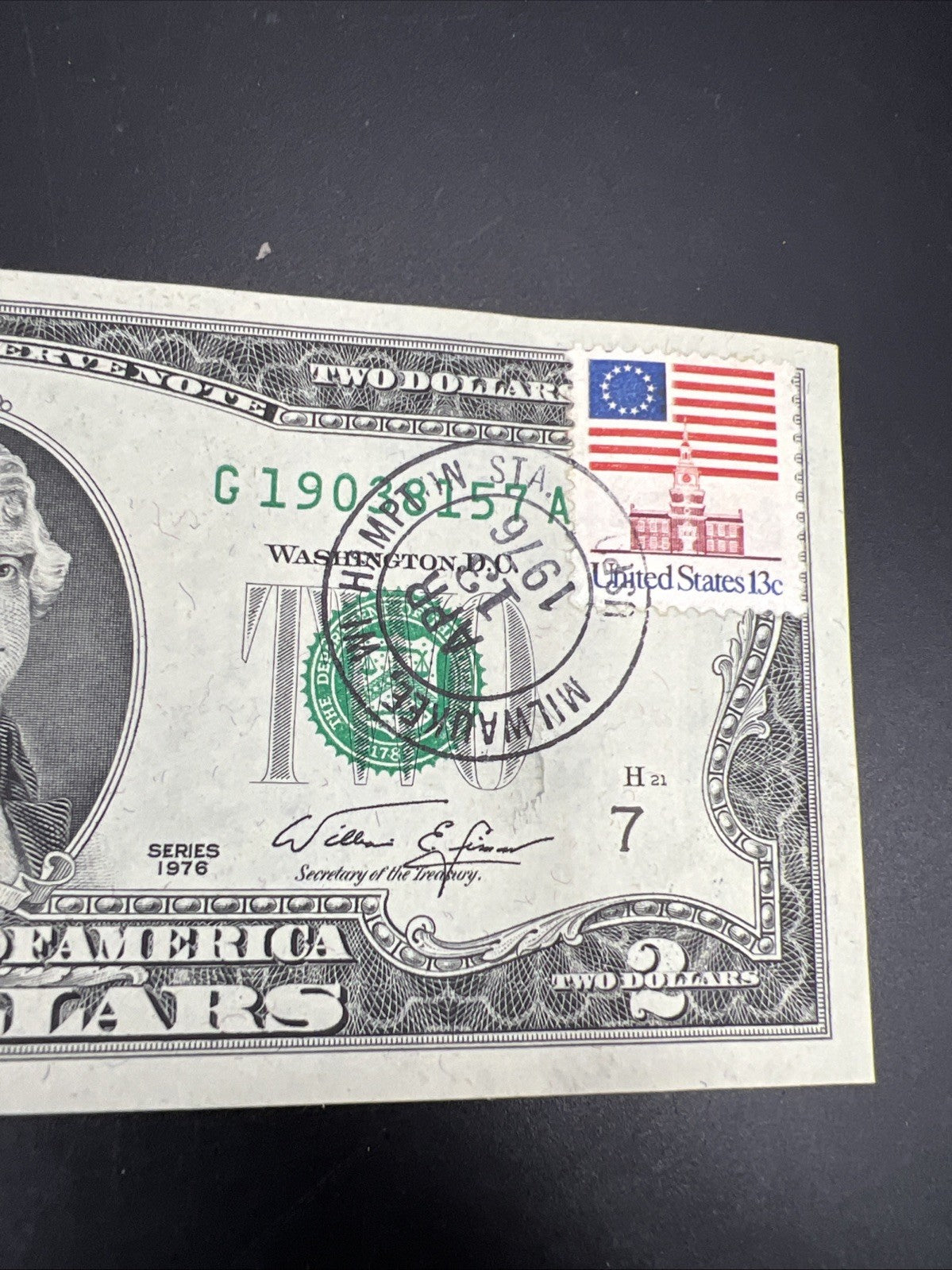 1976 $2 Milwaukee WI Hampton Station Bicentennial Postal FRN Note Unc #31