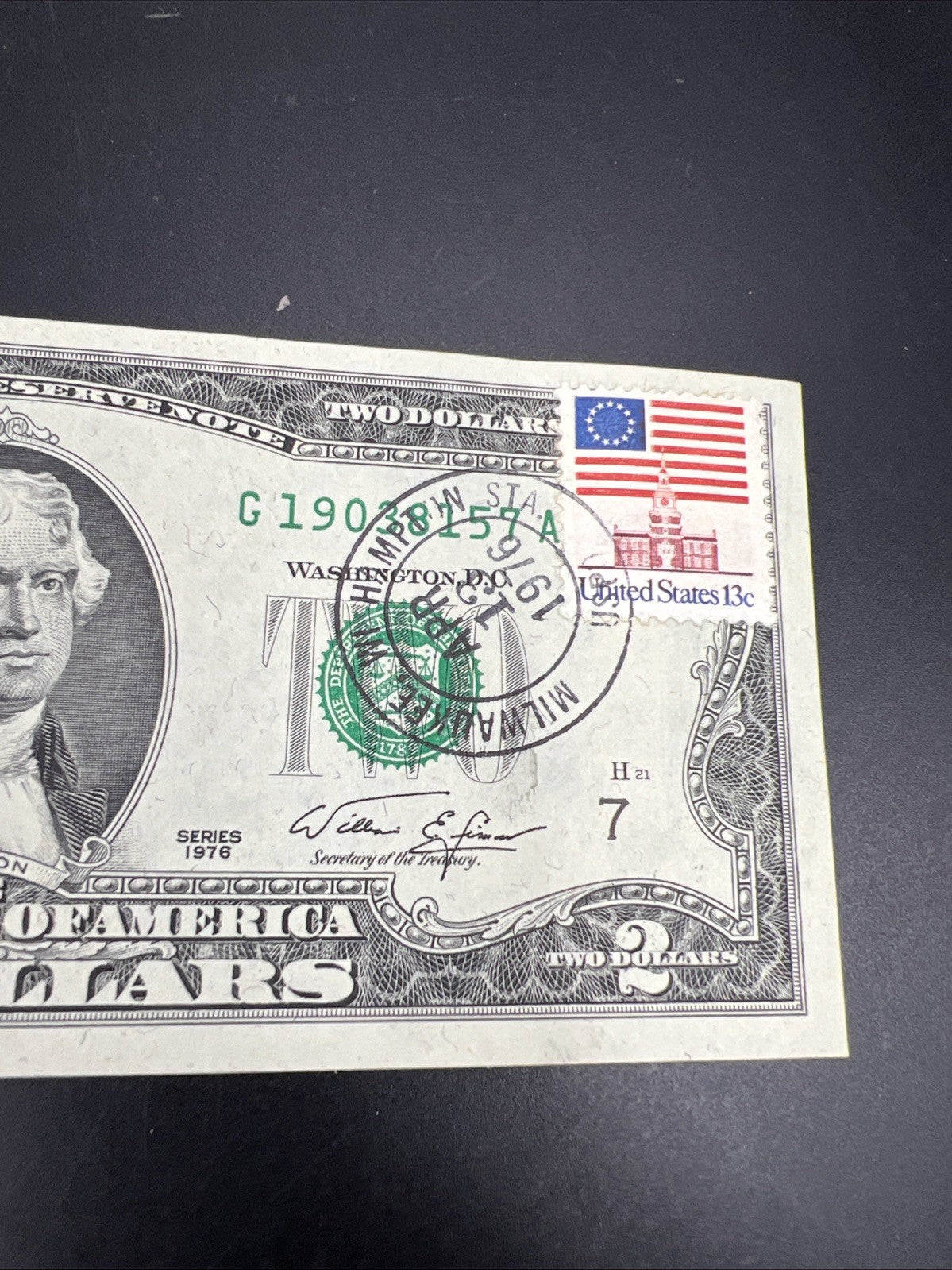 1976 $2 Milwaukee WI Hampton Station Bicentennial Postal FRN Note Unc #31