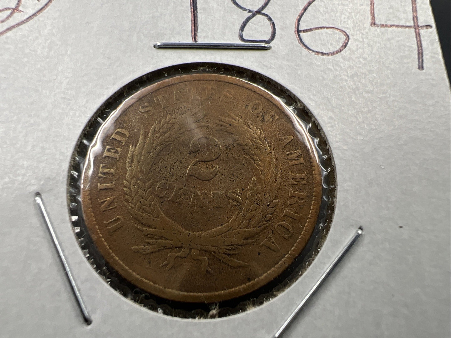 1864 2c Two Cent Bronze Copper Liberty Shield Coin Good Details Damaged
