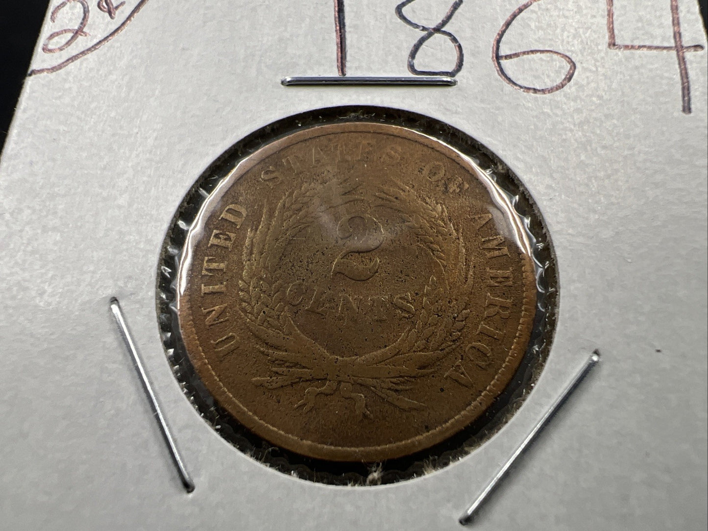 1864 2c Two Cent Bronze Copper Liberty Shield Coin Good Details Damaged