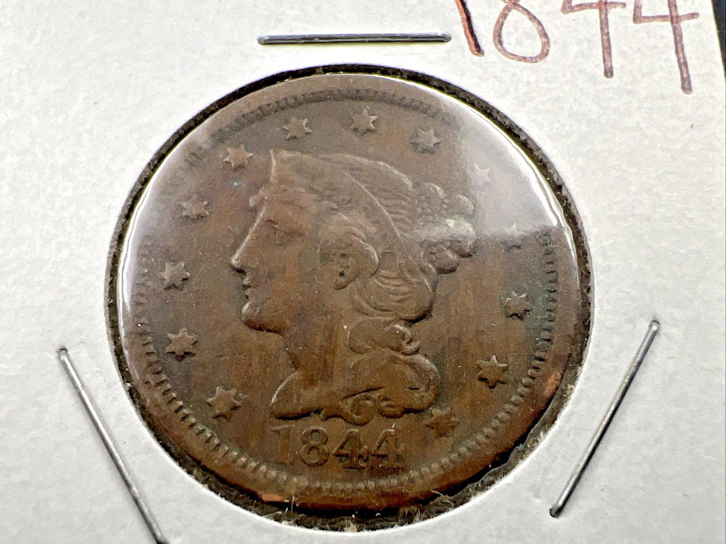 1844 1c Braided Hair Liberty Large Cent Coin VF Very Fine Details Rev Scratch