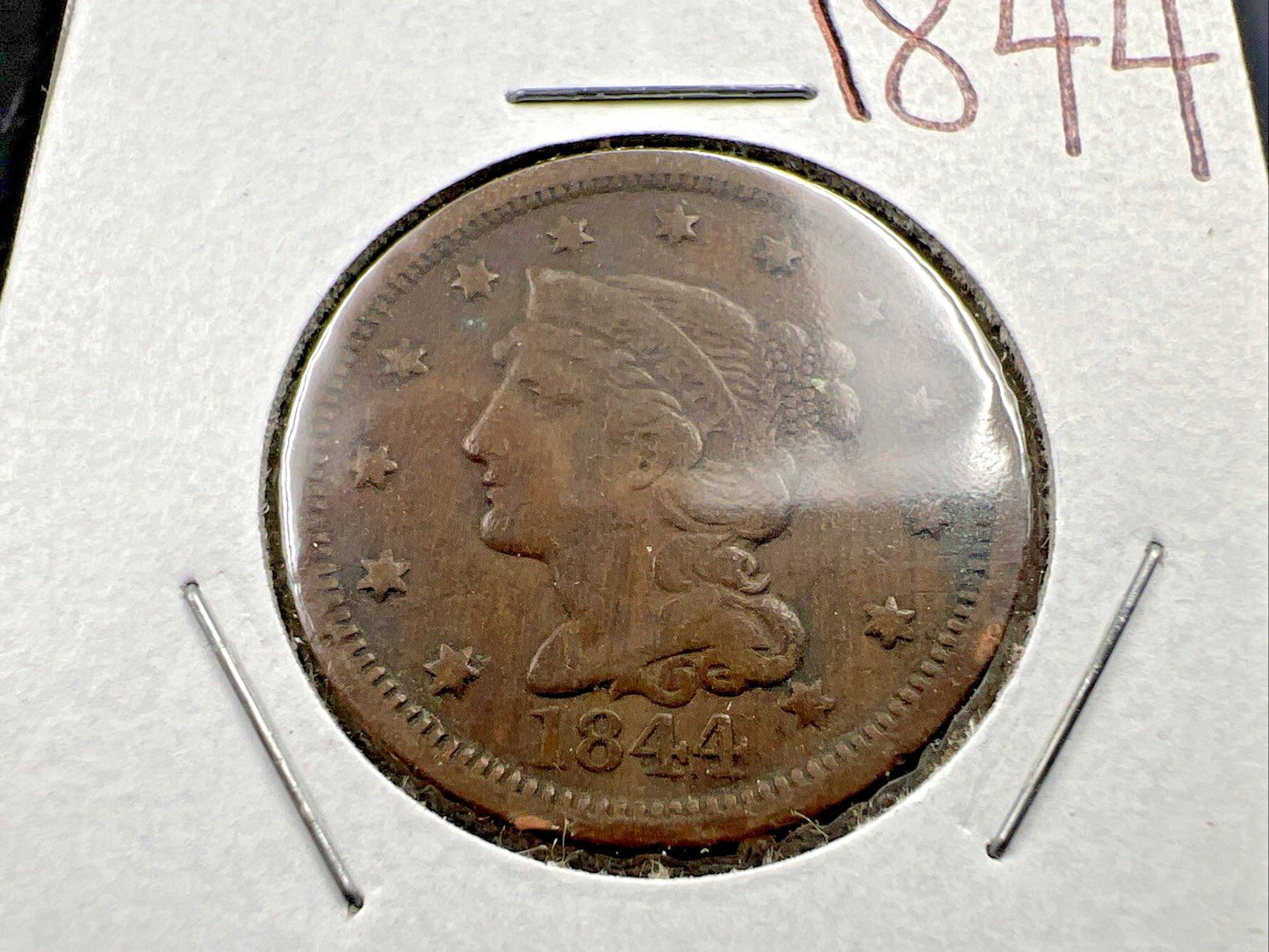 1844 1c Braided Hair Liberty Large Cent Coin VF Very Fine Details Rev Scratch