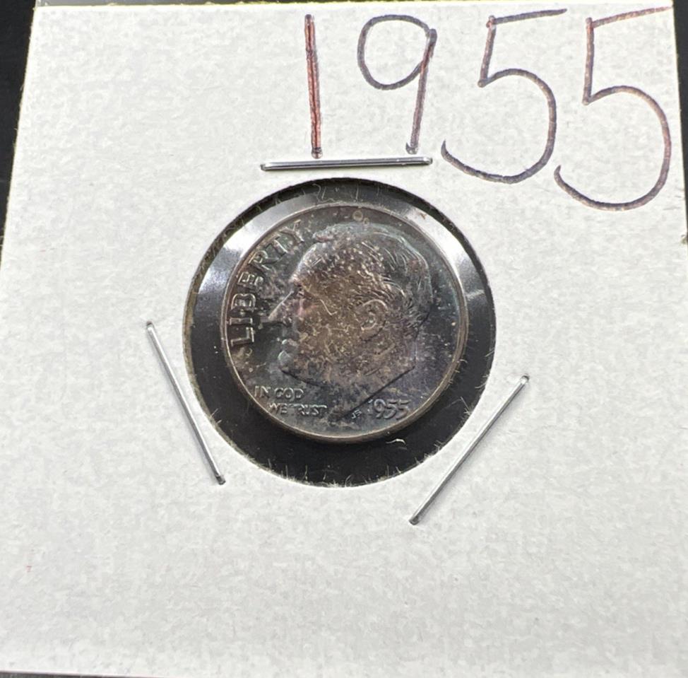 1955 P 10c Roosevelt Silver Dime Coin PQ Purple Toning Toner CH BU UNC