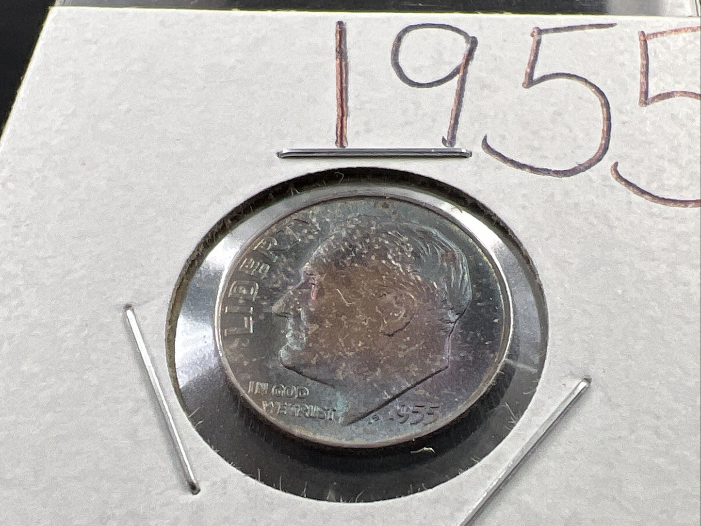 1955 P 10c Roosevelt Silver Dime Coin PQ Purple Toning Toner CH BU UNC