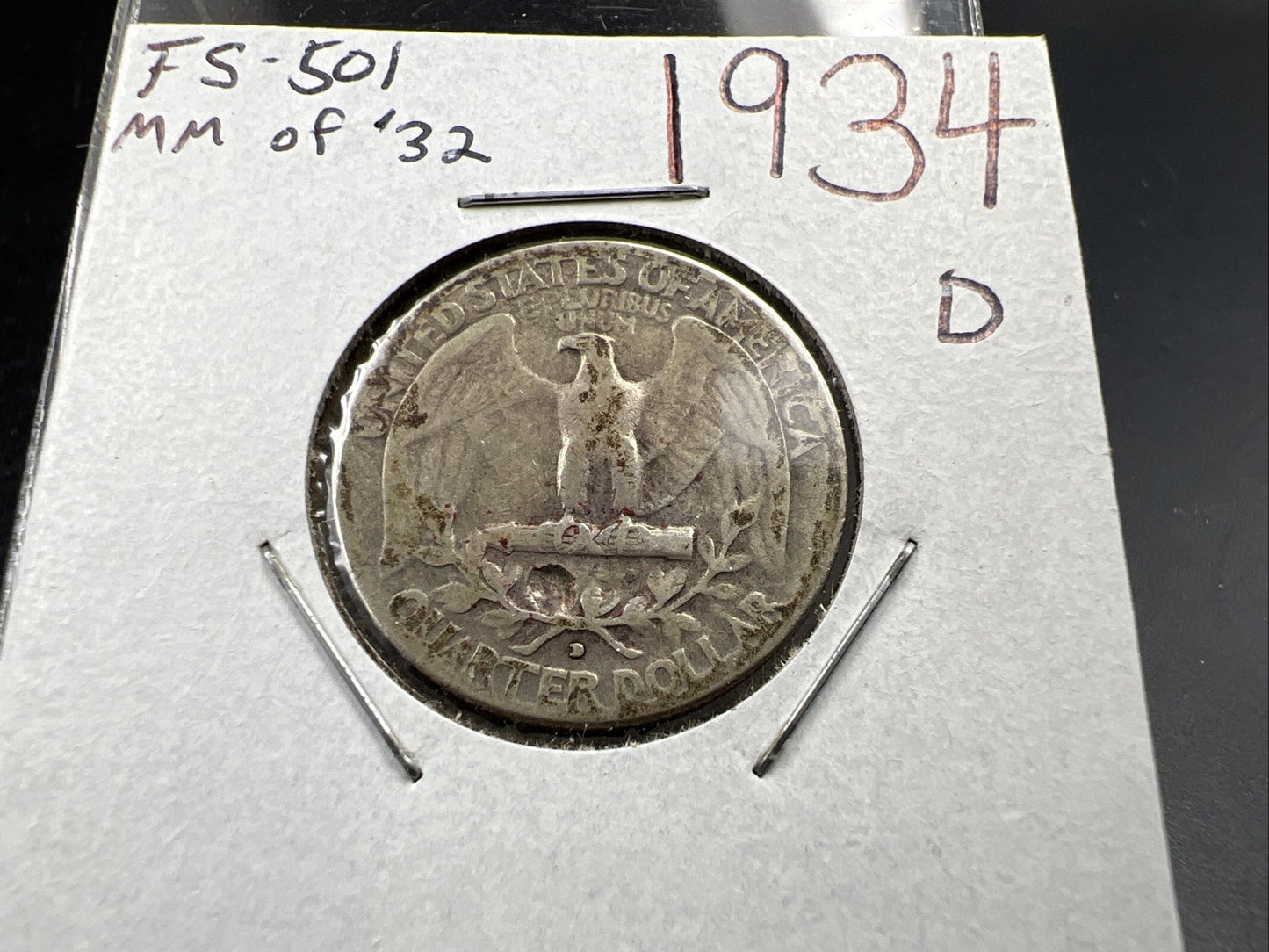 1934 D 25c Washington Silver Quarter Coin FS-501 MM of 1932 Variety AG / Good