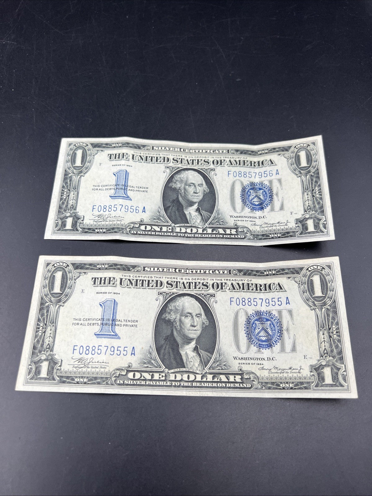 2 Consecutive 1934 $1 One Dollar Silver Certificates Funny Back Notes CH VF #55