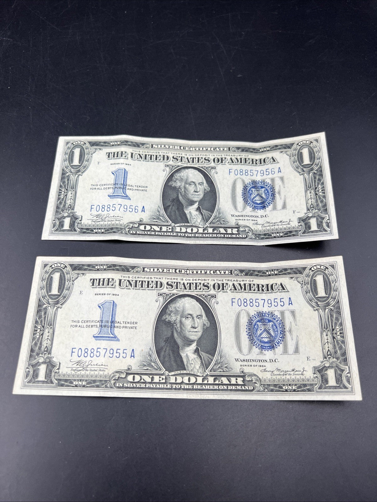 2 Consecutive 1934 $1 One Dollar Silver Certificates Funny Back Notes CH VF #55