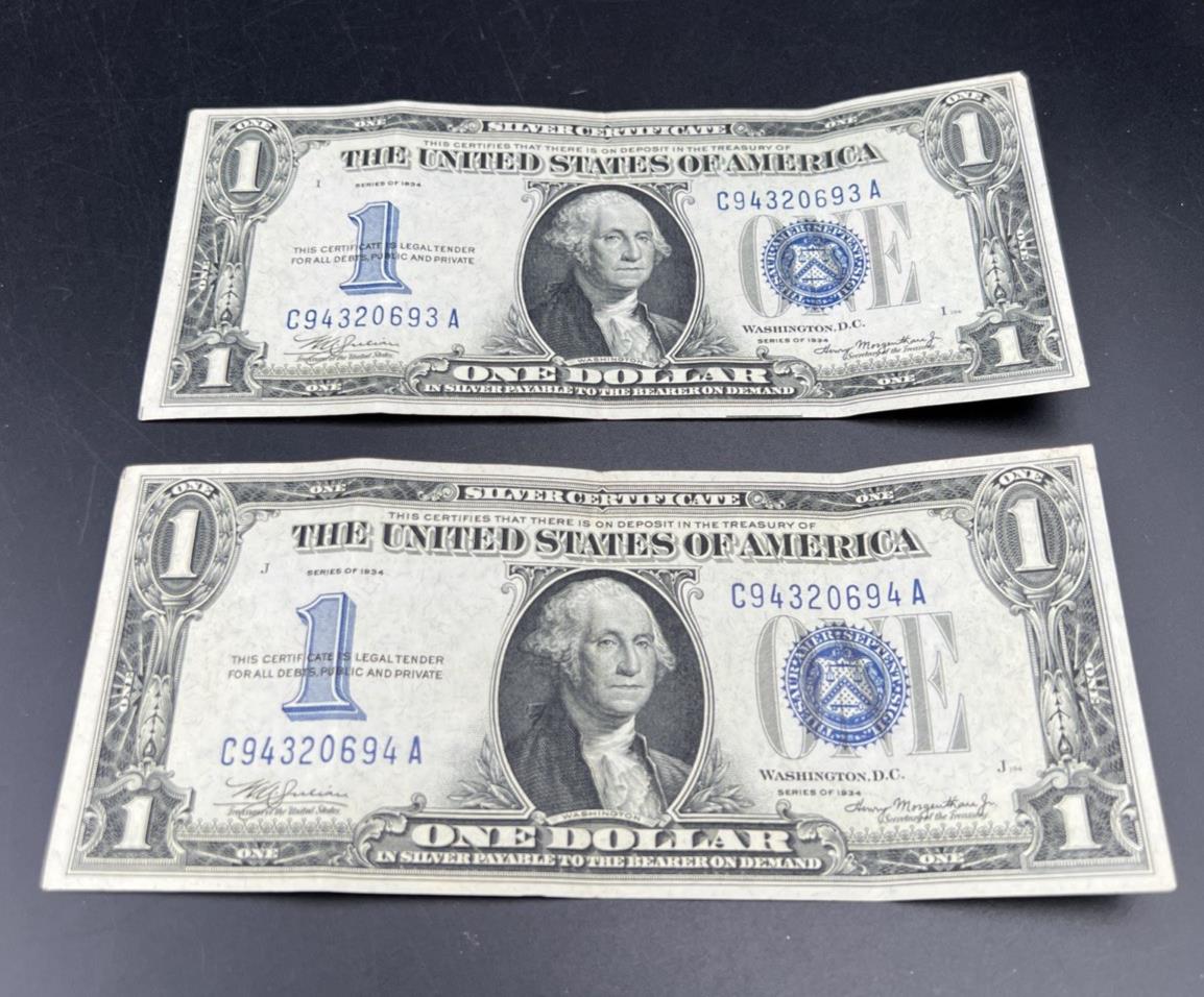 2 Consecutive 1934 $1 One Dollar Silver Certificates Funny Back Notes CH VF #94