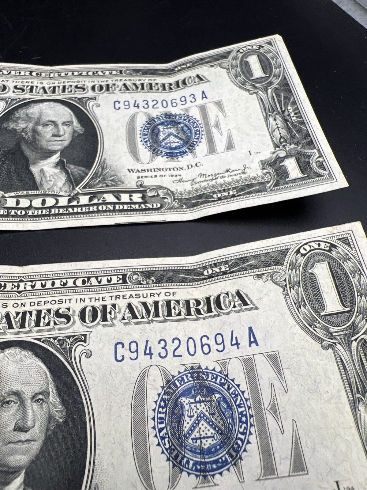 2 Consecutive 1934 $1 One Dollar Silver Certificates Funny Back Notes CH VF #94